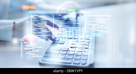 Software Development and Programming Languages Displayed on a Virtual Coding Interface. Stock Photo