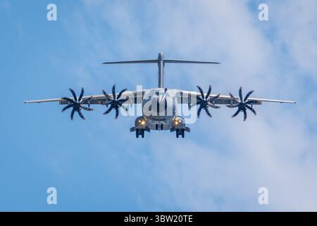 Front view of a French Air Force Airbus A400M Atlas, the European four-engine military transport aircraft, in flight over Paris-Le Bourget airport. Stock Photo