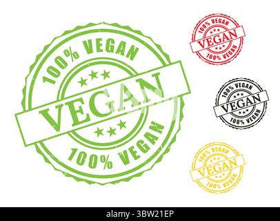 A 100% Vegan Product Stamp Set, Grunge Rubber Organic Food Label Vectors Stock Vector