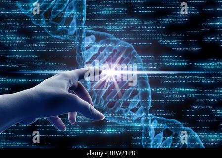 hand touching glowing DNA strand, symbolizing genetic engineering and biotechnology innovation Stock Photo