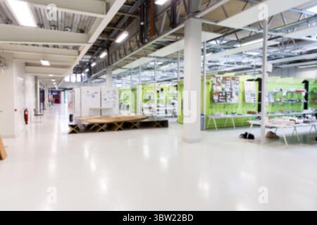 Flat design illustration is showing wooden platform in workshop with green partitions Stock Photo