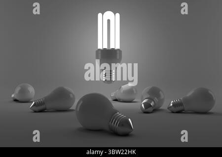 Graphic image of lit energy efficient lightbulb over bulbs Stock Photo
