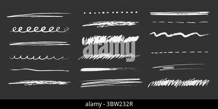 Chalk underline on blackboard line stroke, scribble hand drawn sketch texture. Doodle white crayon on black background. School marks, grunge set border free hand design elements. Vector illustration Stock Vector