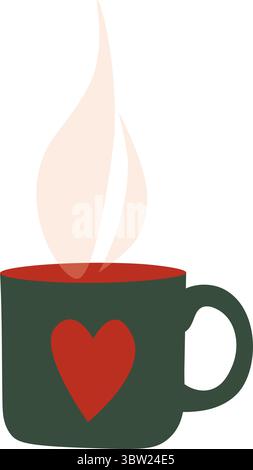 Hot steaming drink in cute green cup with heart shape. Autumn or winter tea or coffee beverage. Stock Vector