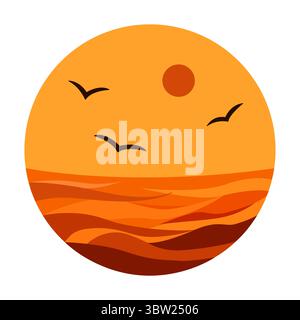 Minimal round icon with sunset over ocean, flying birds and stylized waves in warm orange color palette isolated on white background Stock Vector