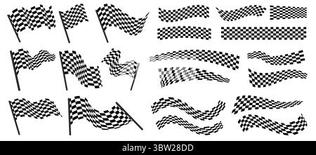 Racing checker. Finish line stripe, crossed checkered race flags, car motorcycle circuit championship finish elements, speed competition stickers Stock Vector