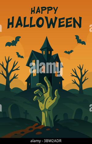Creepy Halloween scene with haunted house, zombie hand, and bats on orange sunset background Stock Vector