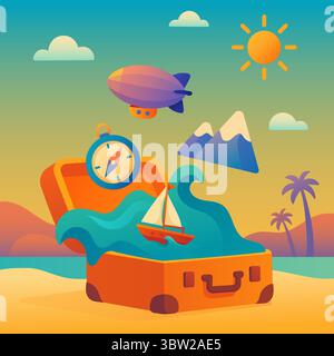 Dream vacation concept with suitcase, ocean wave, sailboat, and travel elements in flat gradient style Stock Vector
