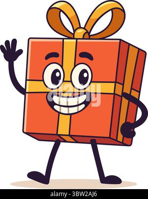 Smiling gift character waving cheerfully with bow on top in flat cartoon style Stock Vector
