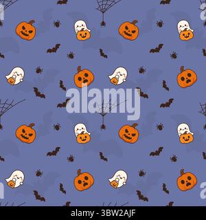 Seamless Halloween pattern with ghosts, pumpkins, bats, and spider webs on purple background Stock Vector
