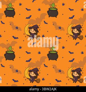 Seamless Halloween pattern with flying witch, cauldron, bats and spiders on orange background Stock Vector