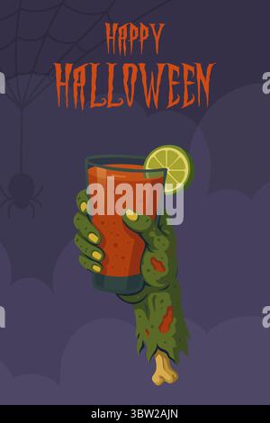Zombie hand holding Bloody Mary cocktail with lime on Halloween night Stock Vector