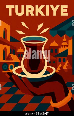 Hand holding a glass of Turkish tea. traditional drink with national elements in modern geometric style and oriental bazaar setting Stock Vector