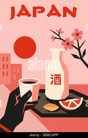 Hand holding a cup of sake. traditional Japanese drink in modern geometric style with sakura, sun and architecture in background Stock Vector