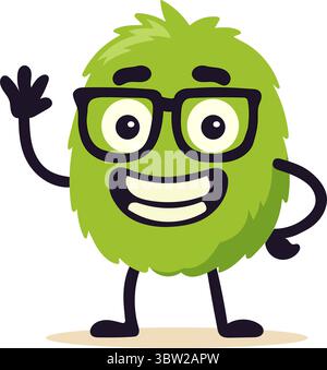 Cute green cartoon monster character with glasses waving and smiling Stock Vector