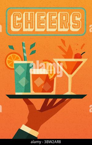 Hand holding a tray with three colorful cocktails. modern geometric illustration with orange background and festive bar atmosphere Stock Vector