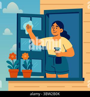 Woman washing window outside on balcony with spray and flowers in flat vector style Stock Vector