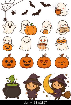 Halloween sticker set with ghosts, pumpkins, witch, cauldron, and bats in kawaii style Stock Vector