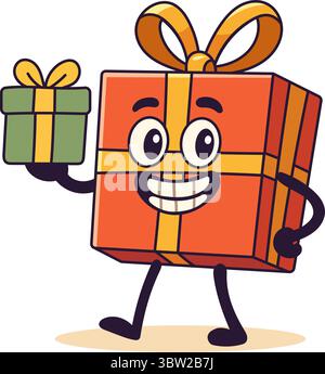 Smiling gift box holding a small green present in one hand Stock Vector