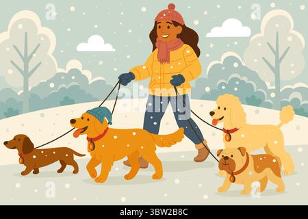 Professional dog walker with four dogs on leashes during snowy winter walk in the park Stock Vector