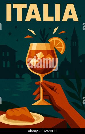 Hand holding a spritz cocktail with orange slice. modern geometric illustration with Italian architecture and romantic evening atmosphere Stock Vector