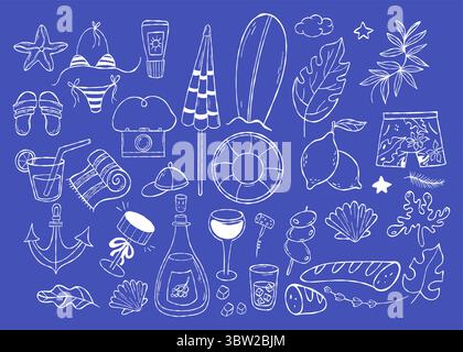 Mediterranean summer beach doodles. la dolce vita aesthetics. Isolated Outline white hand drawing vacation accessories, drinks, food and nautical leis Stock Vector