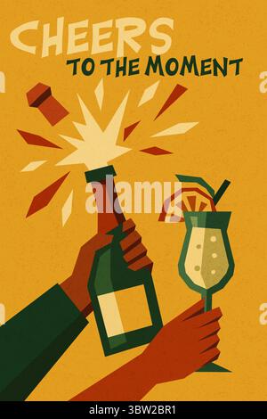 Hands holding champagne bottle and citrus cocktail — celebratory geometric illustration with sparkling explosion and festive drink moment Stock Vector