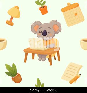 seamless pattern of koala at desk for remote work or study in pastel colors Stock Vector