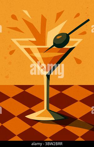 Martini glass with olive and splash on warm background Stock Vector