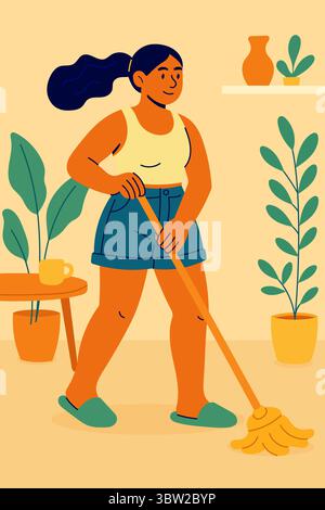 Young woman cleaning floor at home with a mop, surrounded by plants in cozy modern interior Stock Vector