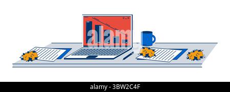 Cluttered desk with declining bar chart on laptop 2D doodle object Stock Vector