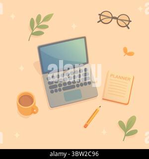 pattern work desk with laptop, coffee, glasses and planner on wooden table Stock Vector