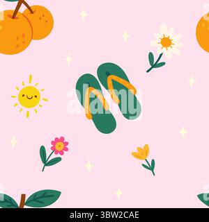 summer beach theme pattern with slippers, flowers, oranges in style y2k Stock Vector