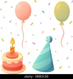 clipart with cake, party hat, balloons and confetti in soft colors on birthday Stock Vector