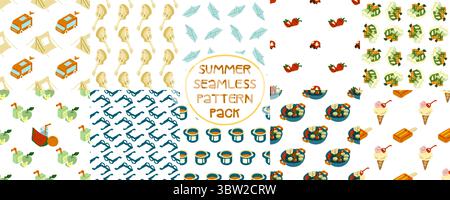 Summer Camping Food Pattern Pack. Bright seamless collection with tents, vans, juice, guitars, glasses, salads, berries, desserts and tableware in fla Stock Vector