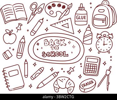 set of doodles on the theme of back to school with a backpack, textbooks, compasses, rulers and pencils Stock Vector