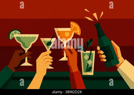 Various hands holding cocktails and bottle at the bar counter new year eve Stock Vector