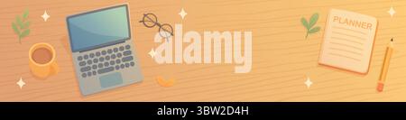 banner work desk with laptop, coffee, glasses and planner on wooden table Stock Vector