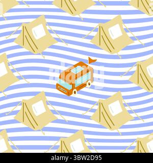 Camping Tent Camper Pattern Design. Seamless cartoon tents and orange camper van on wavy blue background in playful summer flat style. Stock Vector