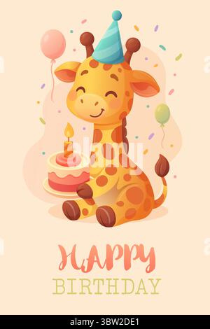 tender unique birthday card for a boy or girl with a cute giraffe in a party hat Stock Vector