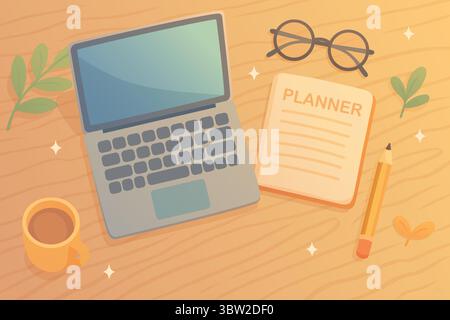 work desk with laptop, coffee, glasses and planner on wooden table Stock Vector