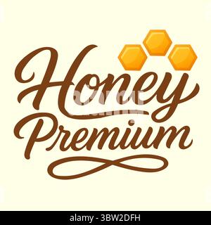 Honey Premium logo lettering with honeycomb hexagons sweet label design Stock Vector