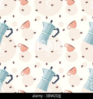 endless pattern geyser coffee maker with coffee mug for breakfast in soft tones Stock Vector