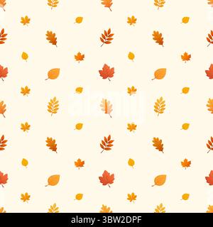 Seamless autumn leaf pattern featuring oak maple birch rowan and beech leaves on a light cream background Stock Vector