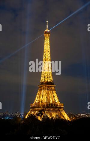 Paris, France - 07 14 2025: The Eiffel Tower before July 14 fireworks fired from Trocadero Stock Photo