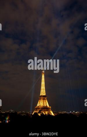 Paris, France - 07 14 2025: The Eiffel Tower before July 14 fireworks fired from Trocadero Stock Photo