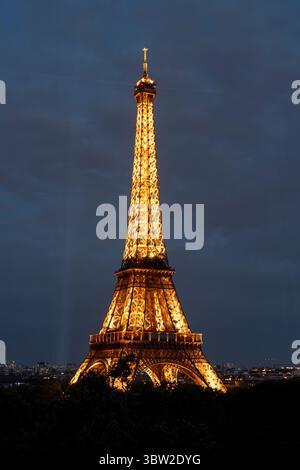 Paris, France - 07 14 2025: The Eiffel Tower before July 14 fireworks fired from Trocadero Stock Photo