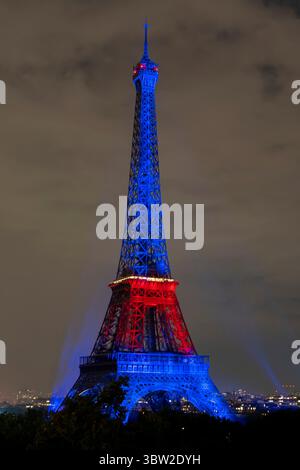 Paris, France - 07 14 2025: The Eiffel Tower after July 14 fireworks fired from Trocadero Stock Photo