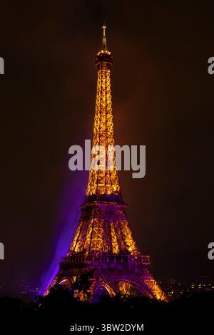 Paris, France - 07 14 2025: The Eiffel Tower after July 14 fireworks fired from Trocadero Stock Photo