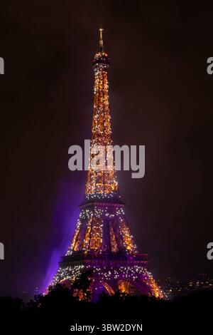 Paris, France - 07 14 2025: The Eiffel Tower after July 14 fireworks fired from Trocadero Stock Photo
